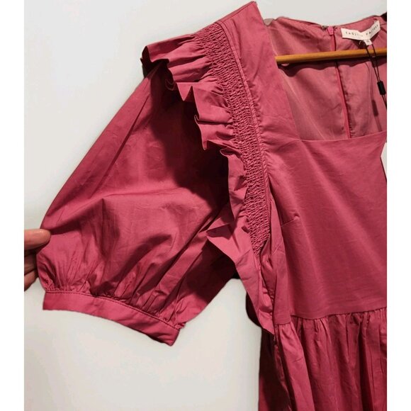 New English Factory Berry Pink Tiered Square Neck Puff Sleeve Midi Dress XS - Picture 3 of 9